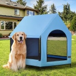 PETSFIT 야외용 개집, 방수 PVC 캐노피, 통기성 메쉬 창문 및 선쉐이드, 휴대용 운반 케이스가 있는 높이 조절형 개 침대블루 : 케이엠삼디