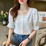 여성용 스퀘어 칼라 반팔 셔츠  화이트 : 제로투올샵