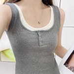 투톤 버튼 캡 나시 브라캡 일체형 민소매 여성 여름 티셔츠 캐주얼 골지 스판 나시티 : 제제네만물상