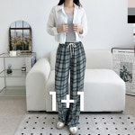 [1+1] 여성 여름 쿨소재 체크 핀턱 와이드 밴딩 팬츠 2P : 케이씨코