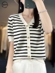 빅사이즈 니트 스트라이프 일상속가구 브이넥 여성 반팔 : newyuni