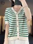 빅사이즈 니트 스트라이프 일상속가구 브이넥 여성 반팔 : newyuni