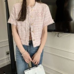 하늘색 트위드자켓 노카라 반팔 트위드 핑크 : 피스풀샵