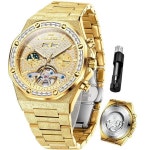 OLEVS 오토매틱 남성용 시계 스켈레톤 럭셔리 셀프 와인딩 다이아몬드 골드 스테인리스 스틸 방수 기계식 선물 손목 G9805 밴드  다이얼... 