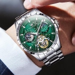 OLEVS 남성용 오토매틱 시계 블루 별이 빛나는 하늘 스켈레톤 뚜르비옹 셀프 와인딩 기계식 야광 럭셔리 드레스 손목 선물 G6689 실버 밴드... 