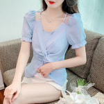 여성 쉬폰 반팔 블라우스 여름 신상 시스루 불규칙 디자인 캐주얼 : 영이 라운지
