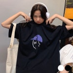 무지 반 팔 티 URD 371 박스 여자 티셔츠 얼굴 XL 블랙 : 두키샵