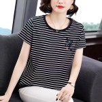 여성 반팔 티셔츠 추천 원사 염색 스트라이프 빅사이즈 루즈핏 여름 중년 엄마 라운드 넥 단가라 : 유럽빠쑝