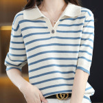 [유어하젤] 스트라이프 반팔 카라 니트 티셔츠_H2647 : 현대홈쇼핑