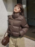 여성 브라운 숏패딩 하이넥 크롭 점퍼 캐주얼 겨울 데일리 아우터 : KM 데일리샵