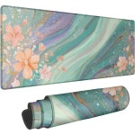 팝 마우스 가정용 업무용 블루투스 스프링 블라썸 대형 게이밍 패드, 아쿠아 그린 추상 플로럴 스티치 엣지 홈 및 오피스 컴퓨터용 고무... 