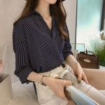 (빠른배송) 여성 롱 남방 블라우스 짝꿍닷컴 반오픈 카라 세로 줄무늬 5부 셔츠 : 껌앤콩