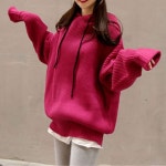 핑크 루즈핏 후드 긴 팔 골지 여성 니트 여자 탑 티셔츠 : 고래쇼핑