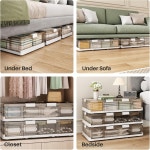 뚜껑과 8개의 바퀴가 미리 설치된 플라스틱 언더 침대 보관 용기 통 37.8 Qt 접이식 플랫 정리함을 통해 의류 신발 침실용 키트스토랙 클리어... 