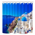 NYMB Wanderlust 유럽 도시 장식 산토리니 그리스 풍경 전망 화이트 스톤 팰리스 샤워 커튼 175.7cm x 177.8cm 폴리에스터 원단 욕실... 