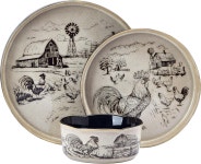 Pfaltzgraf 농장 마당 수탉 12피스 농가 스타일 식기 세트 4인용 서비스 높은 테두리가 있는 접시 그릇 소박한 디자인 브라운 블랙 : 은호바잉룸