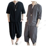 남성 린넨 생활한복 브이넥 반팔 와이드 반바지 여름 홈웨어 세트 : 뽀짝이샵