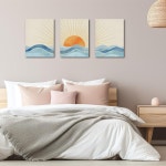 보호 선 레이 액자 캔버스 벽 아트 데코 세트 3개 중립 기하학적 태양이 바다에 떠오르는 벽을 위한 그림 아트워크 가정 거실 욕실 사무실을... 