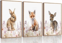 TOLAN 3개 사파리 동물 보육원 캔버스 월 아트 걸 애니멀 플로럴 우드랜드 수채화 그림 벽 장식 토끼 여우 사슴 포스터 여아 방용 액자... 