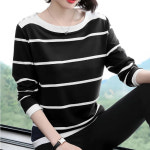 여성용 춘추용 라운드 스트라이프 긴팔 티셔츠 유니크한 디자인 루즈핏 데일리 캐주얼 YY : 원부트레이드 주식회사