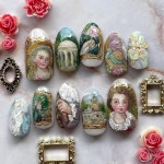 24 Pcs Almond Press on Nails Short Oval Ons with Flower Grils Picture Frame Pattern F Almond Styl 37 : 로얄셀럽02
