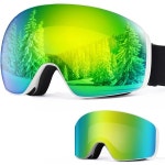 2개의 마그네틱 교체 렌즈가 장착된 크리스렉스 스키 고글 - 남녀용 OTG 스노보드 김서림 방지 및 자외선 차단 기능 Green : 제트에스컴퍼니