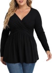 티안주 여성 플러스 사이즈 V넥 긴팔 튜닉스 탑 경량 블라우스 드레시 캐주얼 루즈한 트렌디한 옷 X-Large Black : 플레노샵