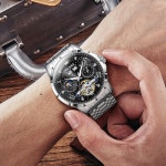 OLEVS 남성 자동 시계 다이아몬드 골격 기계식 럭셔리 셀프 와인딩 달 페이즈 캘린더 남성용 방수 손목시계 : 보네브s