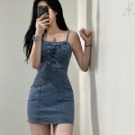 데님 끈 나시 코르셋 미니 원피스 여성 청 워터밤 페스티벌 룩 아일렛 디테일 : 나우바움