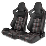 IKON 모터스포츠 듀얼 슬라이더가 장착된 유니버설 레이싱 시트 페어 PU 레드 격자무늬 패브릭 카본 가죽 왼쪽 리클라인 가능 Black+Red... 