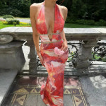 델문도 여자 민소매 원피스 하객 여름 홀터넥 프린트 DOS2 : 델문도