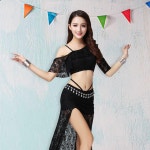 밸리댄스복 상의 무늬 꽃 시스루 스커트 자수 세트 공연의상 댄스복 로열블루 s 블랙 A M : 우주의별스토어