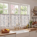 진찬 암리 플로럴 키친 커튼 30인치 길이 린넨 카페 작은 창문 침실 욕실용 조명 필터링 식물 농장 봉 포켓 2 패널 블루 소재 26 W x... 