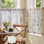 진찬 암리 플로럴 키친 커튼 30인치 길이 린넨 카페 작은 창문 침실 욕실용 조명 필터링 식물 농장 봉 포켓 2 패널 블루 소재 26 W x... 