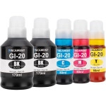 GI-20 G7020 G6020 잉크 리필 병 키트는 캐논 GI20 메가탱크 프린터 BK C M Y 5 팩 블랙 170ML 컬러 80ML 에 호환됩니다 : W유에스컴퍼니