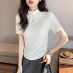 오피스룩 어성봄옷 여성 니트 티셔츠 흰색 여성목 셔링 반팔티 여성면 반팔 하프넥 반폴라 여름 폴라티 : 머시마켓24호점
