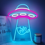 UFO 고양이 네온사인 우주선 우주 여행 주도형 네온 라이트 나이트 램프 천문학 게임룸 남자 동굴 파티 침실 생일 선물 USB 전원 공급... 