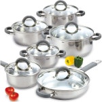 Cook N Home 쿡 가정용 조리기구 기본 냄비 프라이팬 12피스 세트 스테인리스 스 Gray Silicone Handle : 쌈쌈직구
