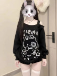 일본식 스위트 캣 오프 숄더 탑 블랙 Y2k 그래픽 오버사이즈 긴팔 원 티셔츠 여성용 루즈한 봄 여름 : 루나픽1