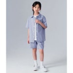 MUSINSA STANDARD KIDS 스트라이프 오버사이즈 시어서커 셔츠 & 와이드 밴딩 쇼츠 셋업 [네이비 스트라이프] 185008 : RunPAK