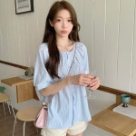 여성 반팔 블라우스 귀여운 셔링 루즈핏 여름 노카라셔츠 : 중구만대