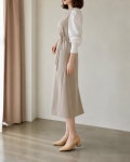 배색 퍼프소매 허리리본 A라인 롱원피스 : 모레브