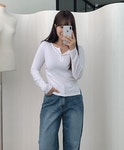 여성 듀크 버튼 셔링 핀턱 긴팔 티셔츠 면티 아이보리 그레이 블랙 A1274 : 어썸하비