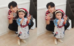 'LG 시구' 차은우, 박동원 딸 채이 만났다…승리 요정들의 만남