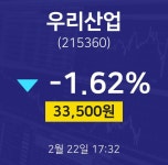 우리앤드세은기술주 | 2월 22일 우리산업 오늘주식장 -1.62% 33500원