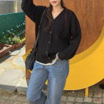 여자 브이넥 루즈핏 도톰 꽈배기 니트 가디건 : 에이비문샵