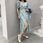 플라워 쉬폰 퍼프 랩원피스 롱원피스 : 비이모던