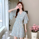 여성 플라워 브이넥 A라인 스카이블루 쉬폰 원피스 : 핸드메이드별