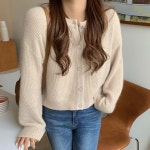 여자 봄 두꺼운 가디건 단추 따뜻한 니트 포근한 라운드넥 와플 짜임 부드러운 사랑스러운 : 패션 레스토랑