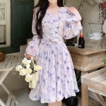 여성 봄 쉬폰 플레어 플라워 프린트 프릴 셔링 4월하객룩 원피스 : 킴스쇼룸